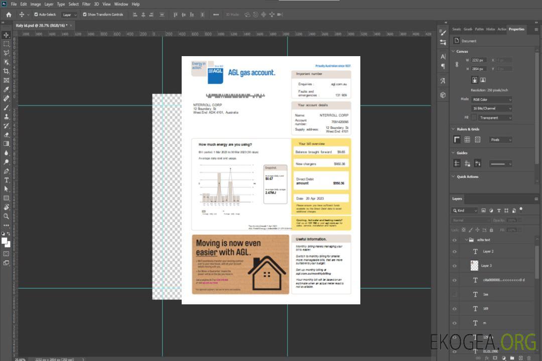 Facture commerciale du service public de gaz AGL SCR template